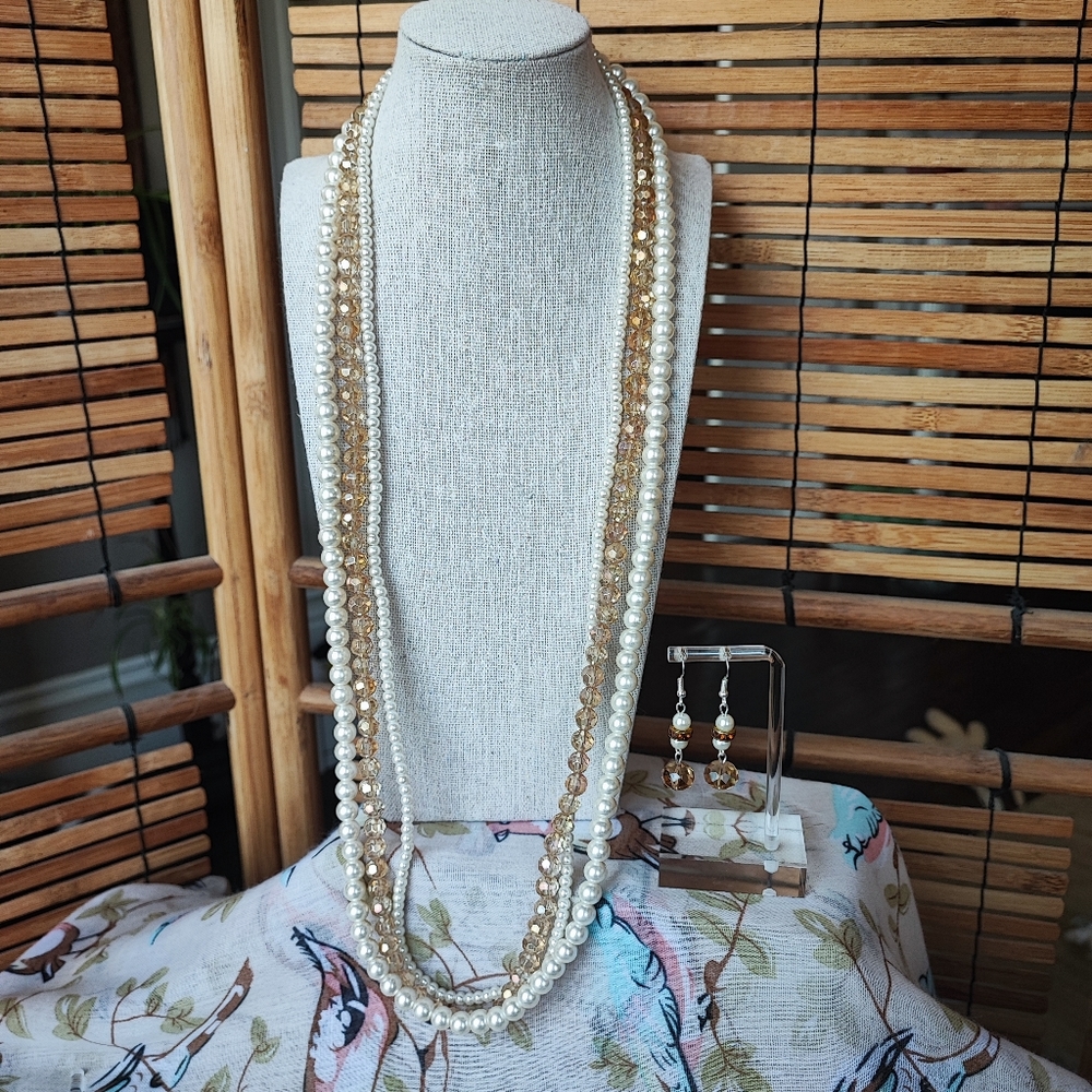 Triple Strand Glass Pearl Necklace Light Topaz AB and Matching Earrings Set NEW